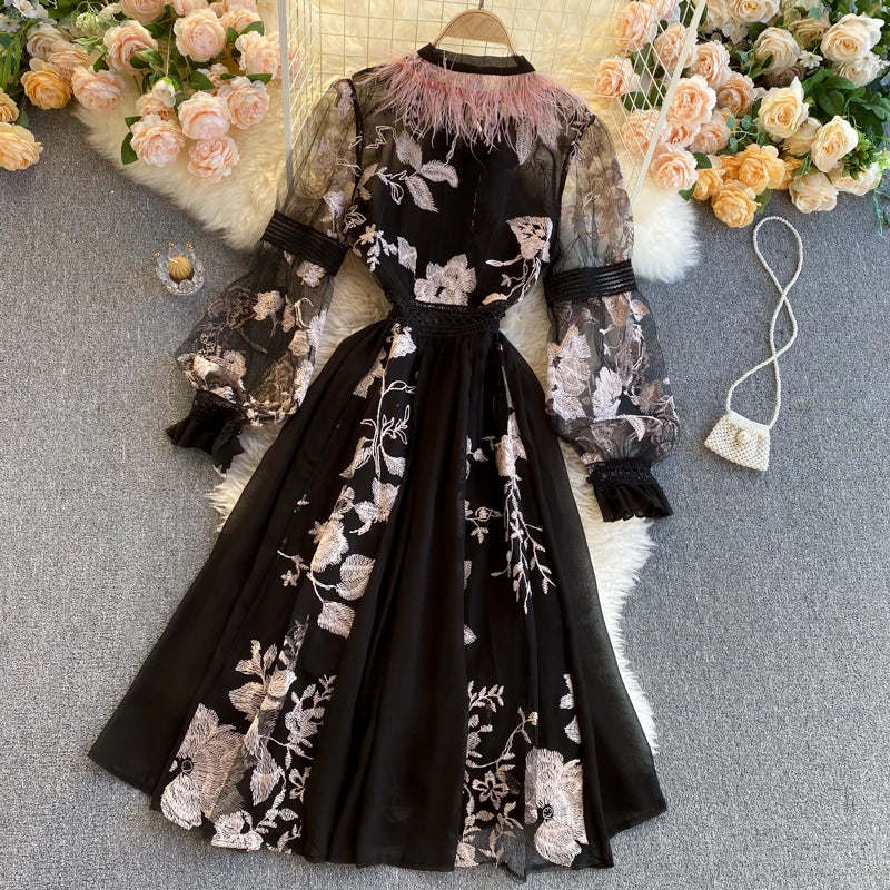 Retro Print Floral Embroidery Elegant Lace Up Dress A-line Long Sleeve Casual O-neck High Waist Dress Women Ceremonial Dress