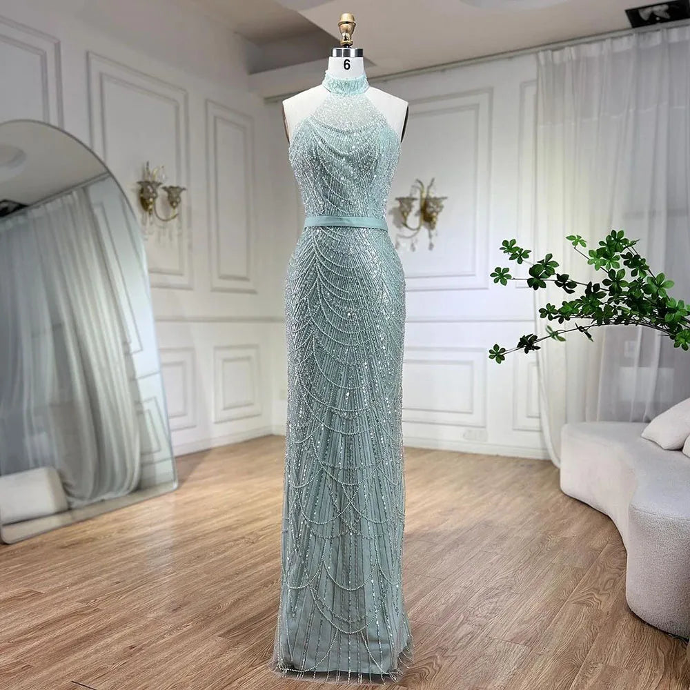 SERENE HILL Dubai Arabic Nude Mermaid With Gloves Luxury Beaded Evening Dresses Gowns 2024 For Women Wedding Party GLA72032A