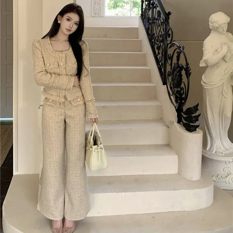 Women's Luxury Slim Tweed Pants Suits High Waist Long Trousers+Square Collar Cropped Coat Elegant 2 Piece Set Female Outfits