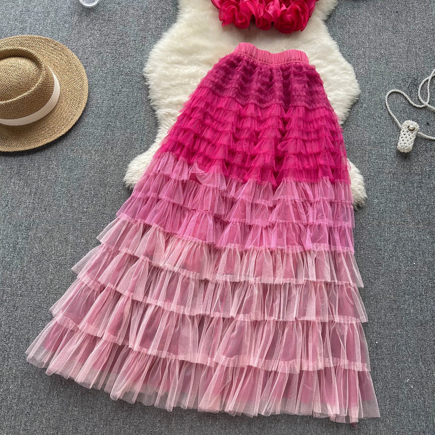 New Women Two Piece Set Summer Three-dimensional Flower Mesh Vest Tank Tops+mesh Long Skirts Fashion Korean Outfits