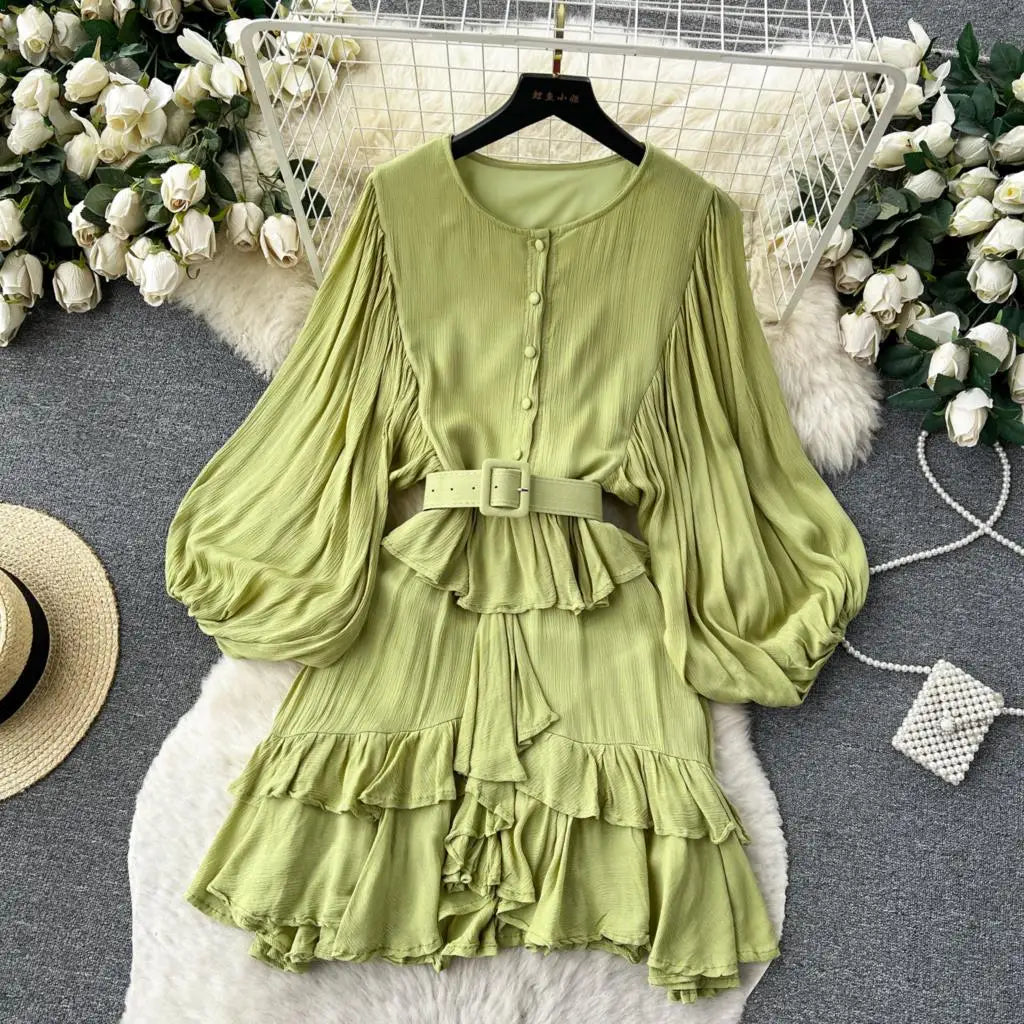 Vintage Puff Sleeve Ruffle Dress Women O-Neck A-Line Elegant Casual Party Prom Dresses Korean Autumn Fashion Female Vestidos New