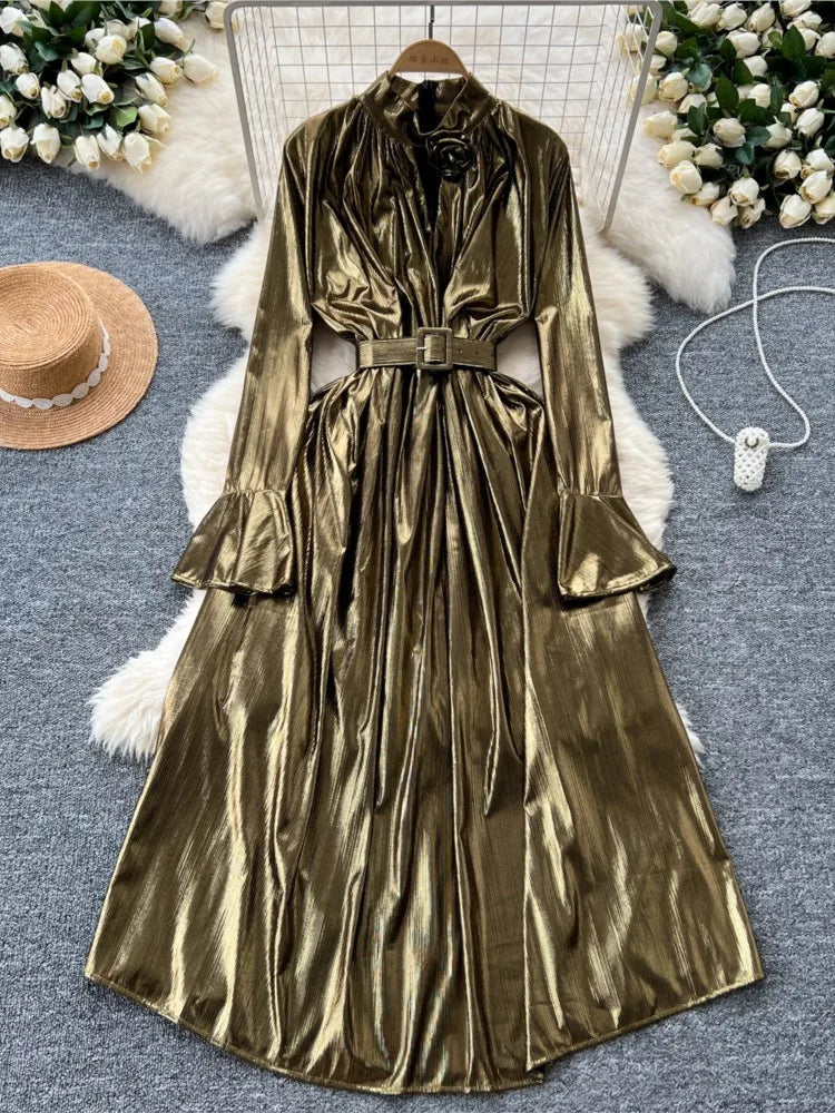 Autumn Vintage Pleated Women Long Dress Elegant Stand Collar Solid A-Line Party Prom Vestidos Female Birthday Clothes Mujers
