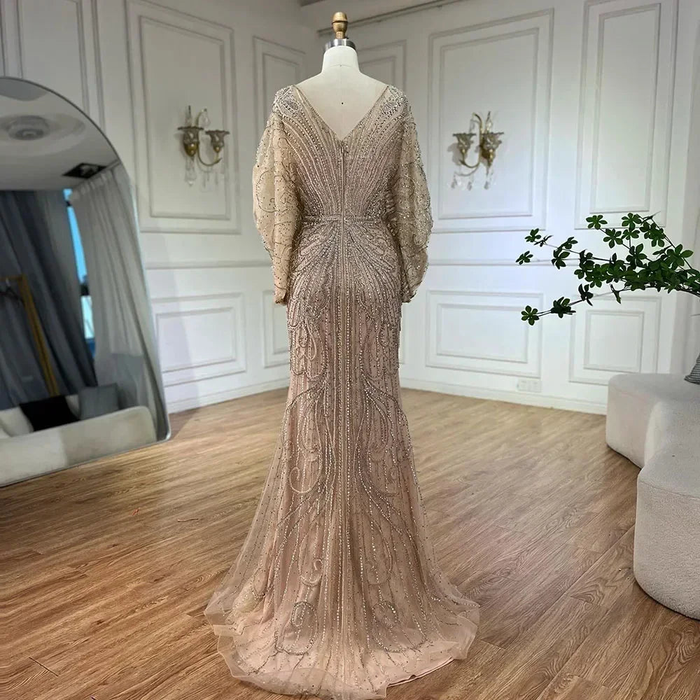 SERENE HILL 2024 Arabic Gold Elegant Mermaid Black Luxury Beaded Evening Dresses Gowns Diamond For Women Wedding Party GLA72288A