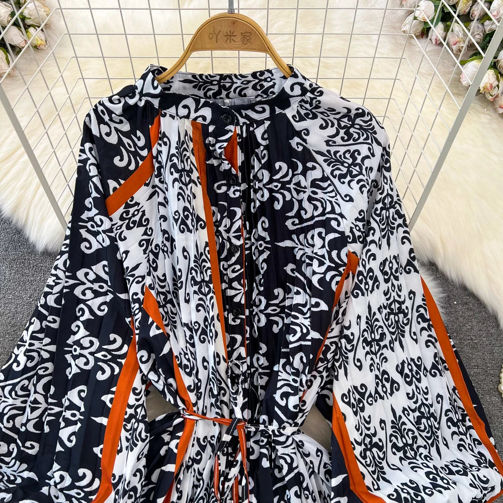 Elegant Women Casual Floral Print Party Dress Vintage Lantern Sleeve A-Line Pleated Prom Birthday Clothes Female Fashion Robe