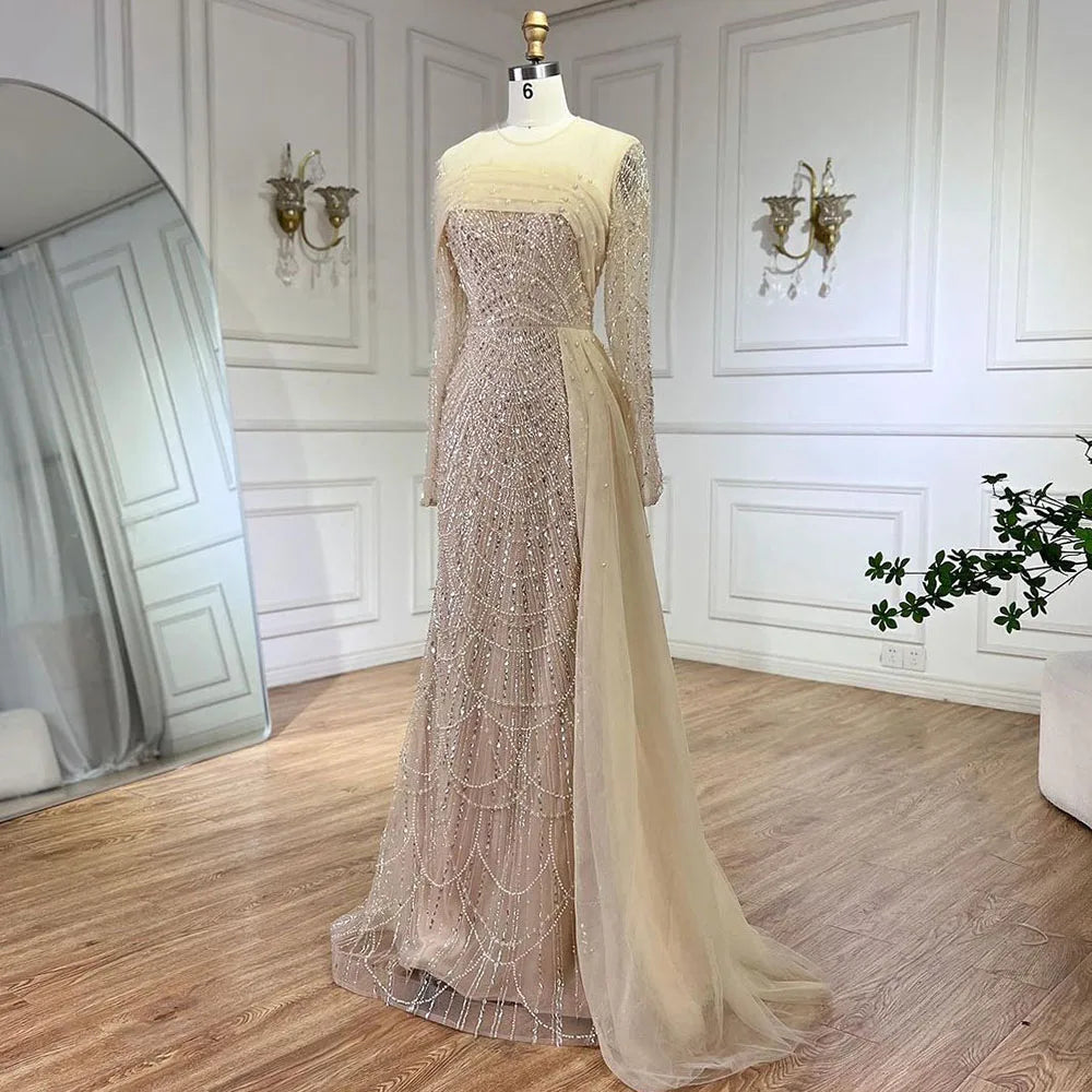 SERENE HILL 2024 Dubai Arabic Nude Mermaid Luxury Beaded Evening Dresses Gowns With Overskirt For Women Wedding Party GLA72254A