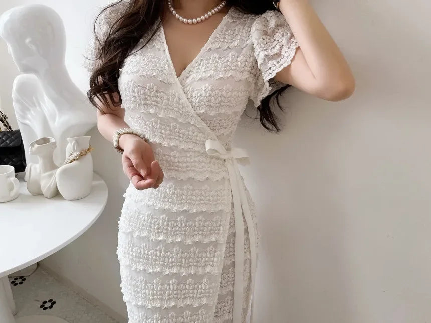 Women Elegant Bodycon Dress Summer Sexy V-neck Short Sleeve Korean Long Dresses Ladies Vintage Solid White Black Long Robe