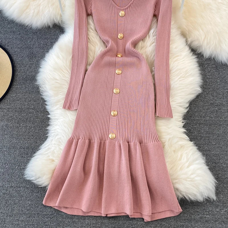Chic V Neck Long Sleeve Elegant Mermaid Dress Sexy slim Evening Party French Fashion Knit Vestidos High Waist Autumn Slim Robe