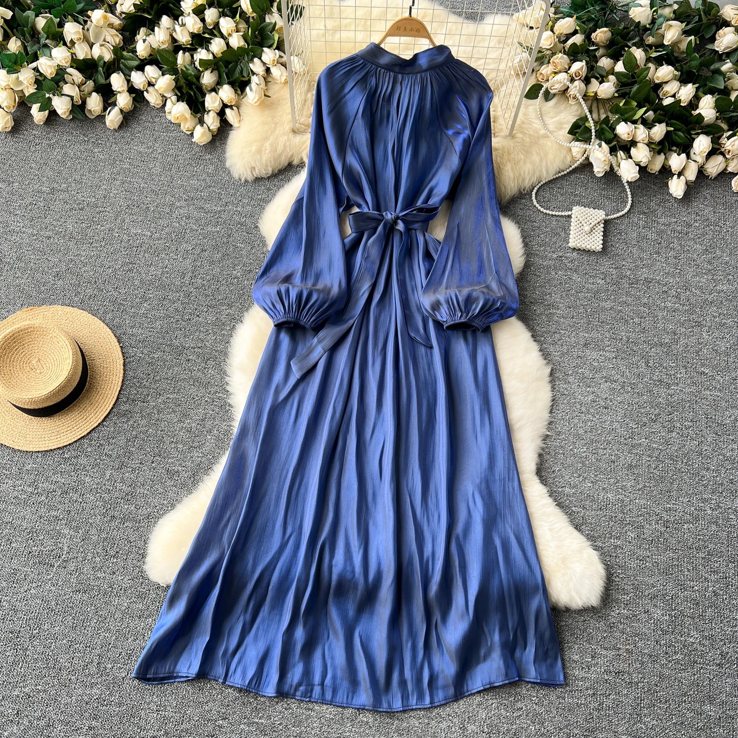 French Vintage Pleated lool sleeve print Lace-up Bow sweet Dress Casual Women Fashion summer dresses