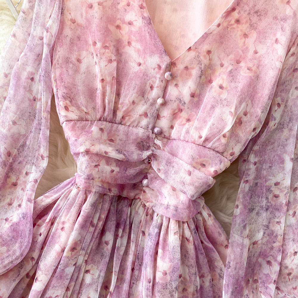 Vintage Floral Print Pleated Elegant Puff Sleeve Dress A-line Chiffon Beach Vacation casual Dress Women Summer Spring Vestidos