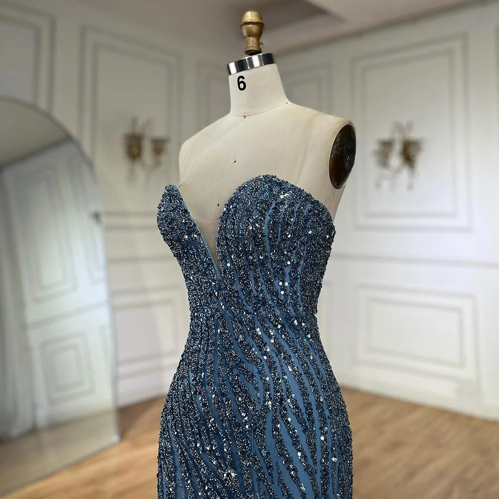 Serene Hill 2024 Arabic Strapless Blue Beaded Feathers Luxury Dubai Evening Gowns with Side Skirt for Women's Party LA72695