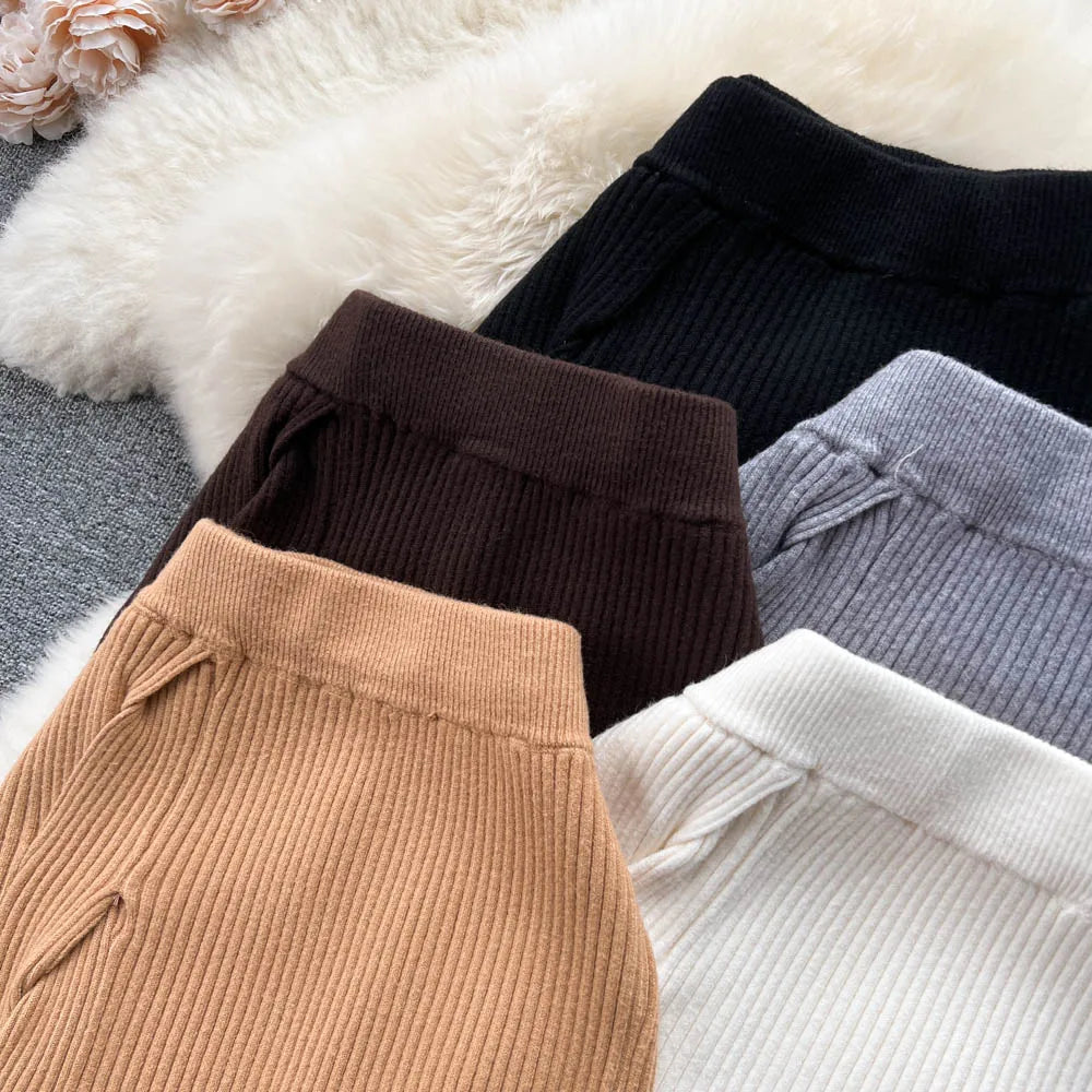 Women Elegant Chic Split Sexy Skirt Elastic Knit High Waist Fashion Vintage Pencil Skirt Black White Spring Autumn Clothing