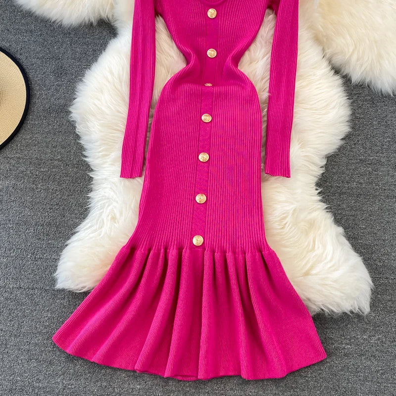 Chic V Neck Long Sleeve Elegant Mermaid Dress Sexy slim Evening Party French Fashion Knit Vestidos High Waist Autumn Slim Robe