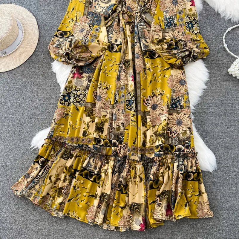 Women Casual A-Line Vintage Floral Long Dress Autumn Elegant Chic Party Boho Maxi Dresses Beach Holiday Female Vestidos New