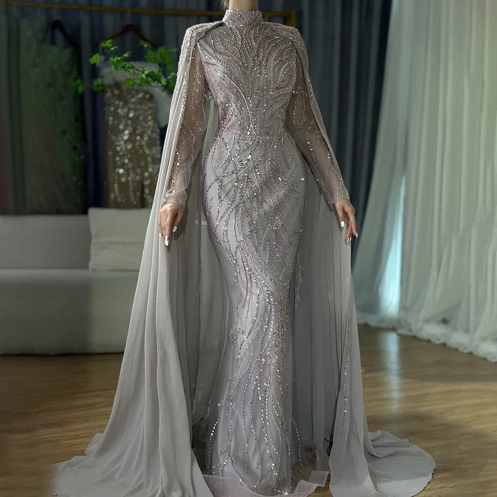 Serene Hill Muslim Sage Green Mermaid Long Cape Beaded Satin Luxury Evening Dresses Gowns For Women Party 2024 LA72413A