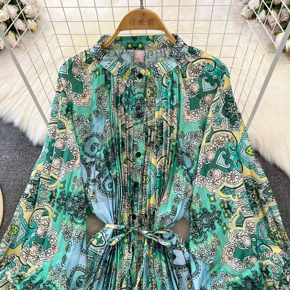 Elegant Women Casual Floral Print Party Dress Vintage Lantern Sleeve A-Line Pleated Prom Birthday Clothes Female Fashion Robe
