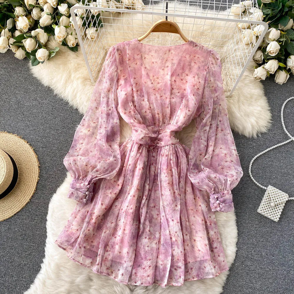 Vintage Floral Print Pleated Elegant Puff Sleeve Dress A-line Chiffon Beach Vacation casual Dress Women Summer Spring Vestidos