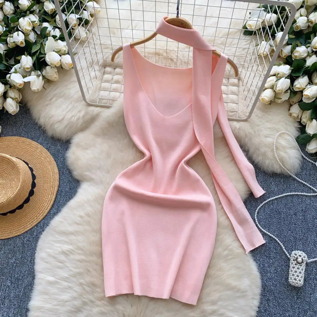Sexy V-Neck Knitted Mini Dress for Women Elegant Spaghetti Strap Ribbon Slim Dresses One Piece Solid Female Clothes Autumn New