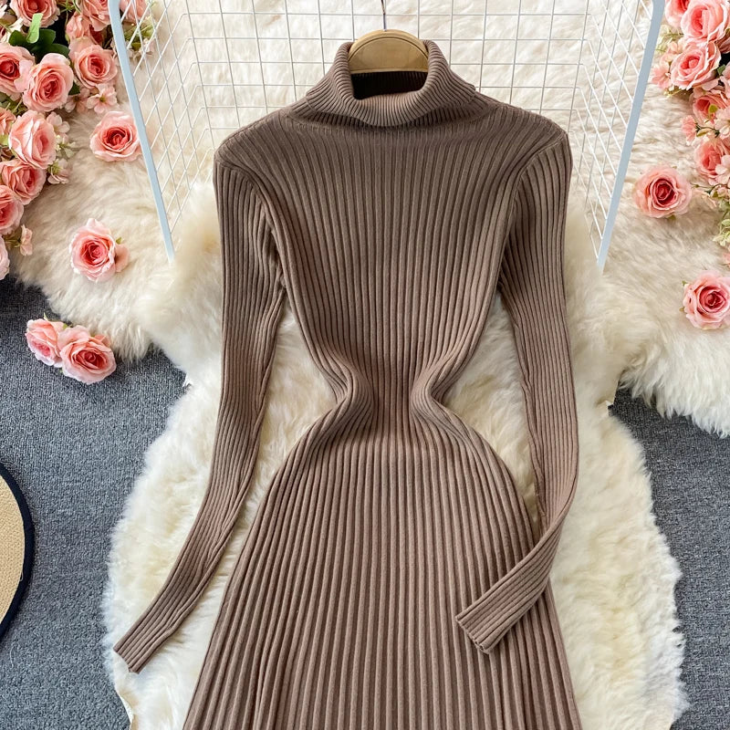 Women Chic Turtleneck Long Sleeve Sexy A-line Sweater Dress Vintage Korean Fashion Knit Vestido Elegant Autumn Winter Knitwear