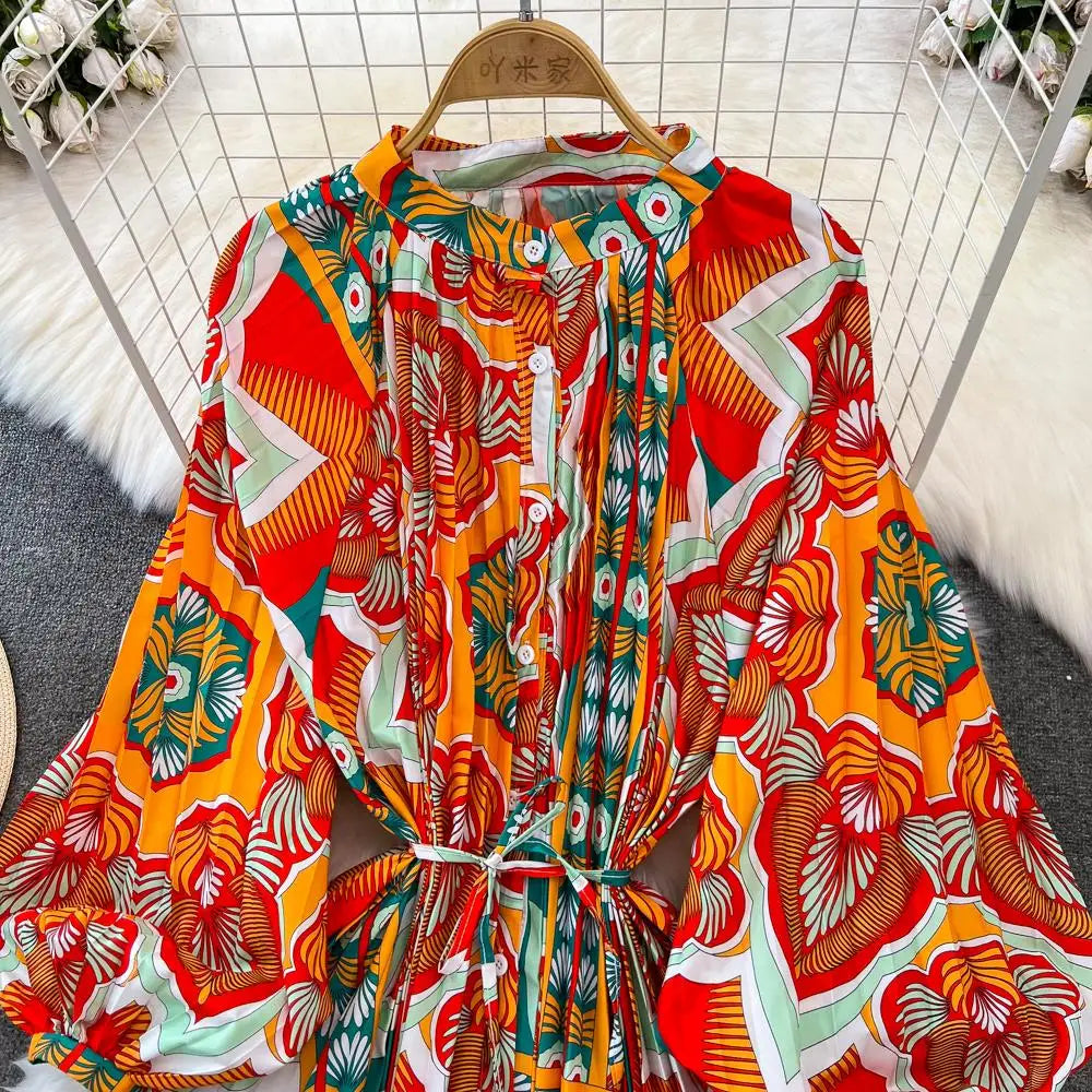 Elegant Women Casual Floral Print Party Dress Vintage Lantern Sleeve A-Line Pleated Prom Birthday Clothes Female Fashion Robe
