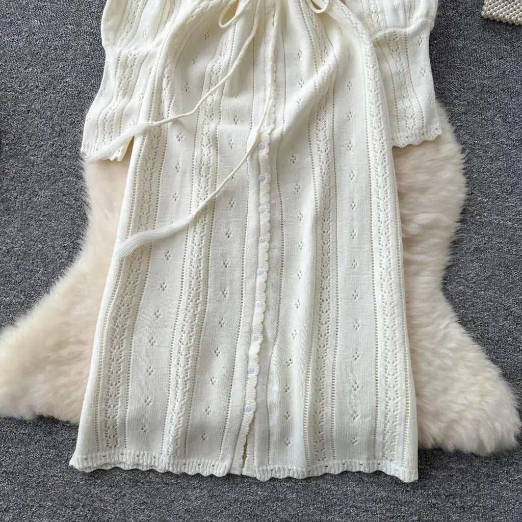 Elegant Autumn Solid Knitted Dresses for Women Sweet Hook Flower Hollow Strap A-line Korean Fashion Casual Vestidos Mujer New