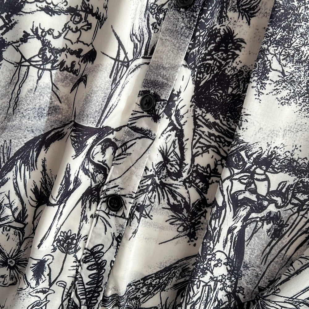 Summer Retro Shirt Dress Women Short Sleeved Lapel Single Breasted A-line Print Long Dresses Ladies Elegant Party Long Robe