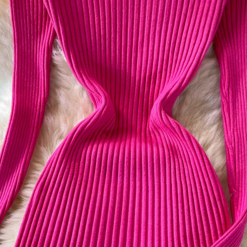 Women Chic Turtleneck Long Sleeve Sexy A-line Sweater Dress Vintage Korean Fashion Knit Vestido Elegant Autumn Winter Knitwear