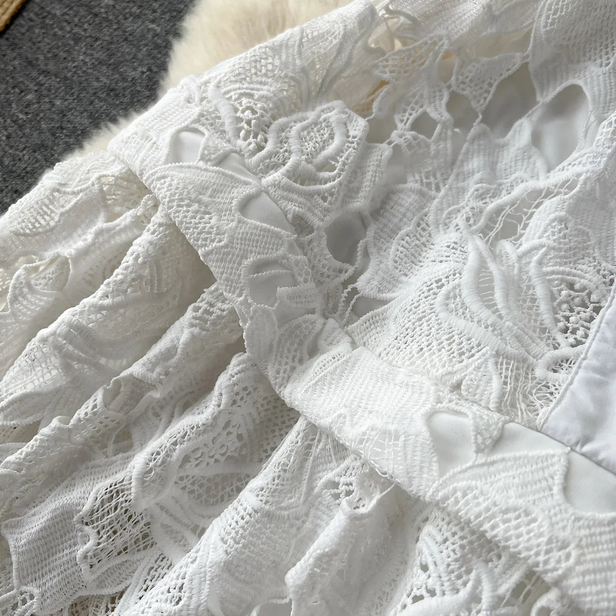 Summer Dresses For Women 2023 Luxury Party Elegant Openwork Embroidery Lace Dress Short Puff Sleeve White Mini Dress With Belt