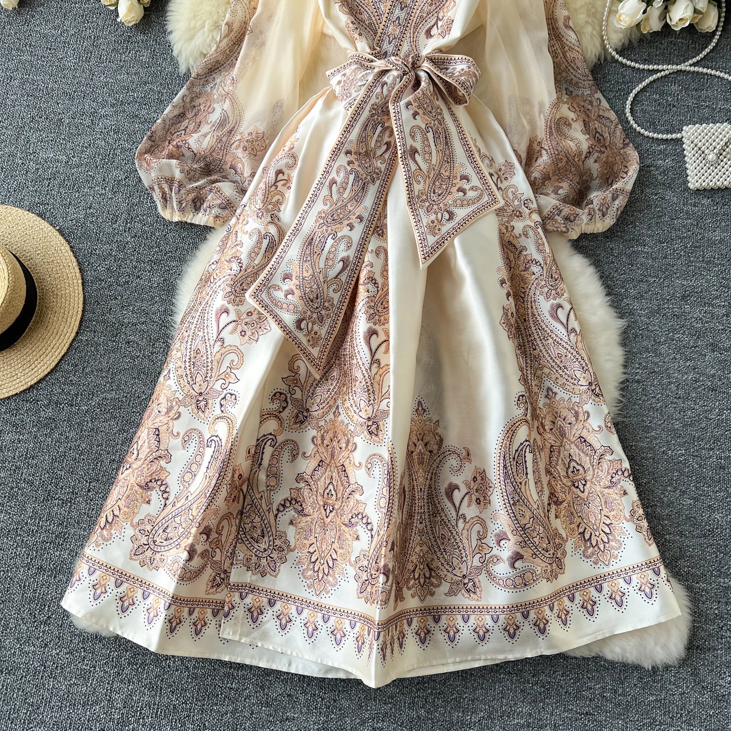 Vintage Elegant sweet puff sleeve Bandage Dress A-line Chic Casual Beach Vacation Women Summer dresses