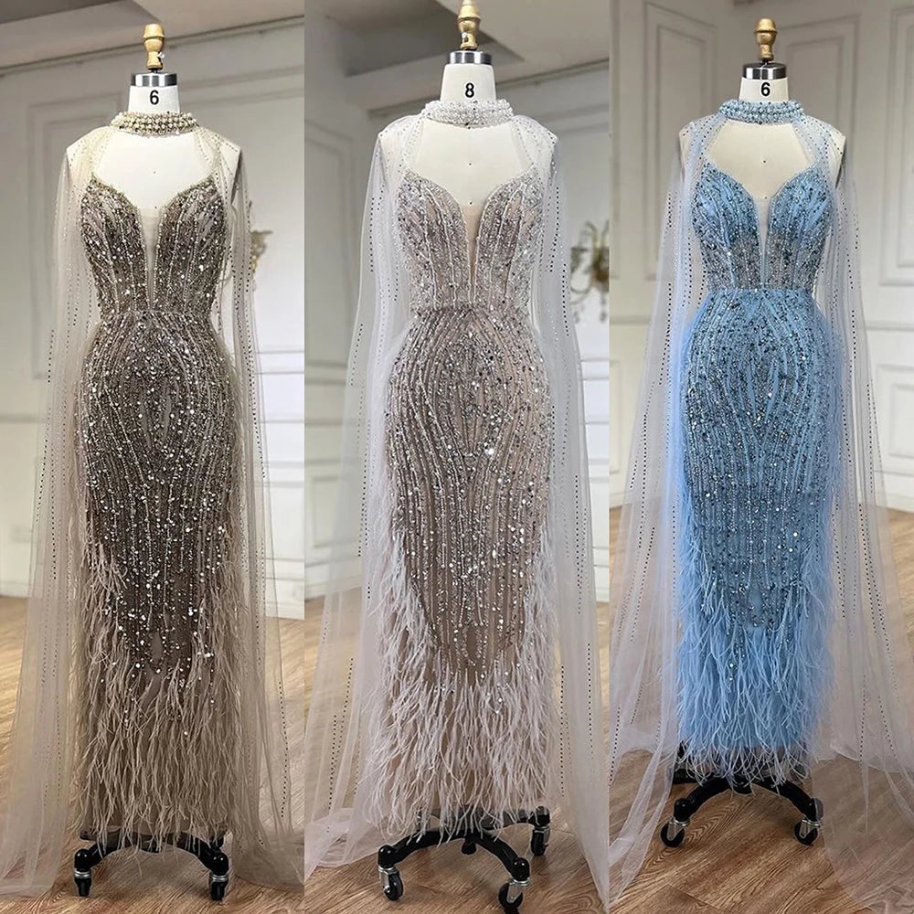 Serene Hill 2024 White Nude Mermaid Wedding Party Dresses with Beaded Feathers Luxury Cape Sleeves Prom Party Gowns LA72047A