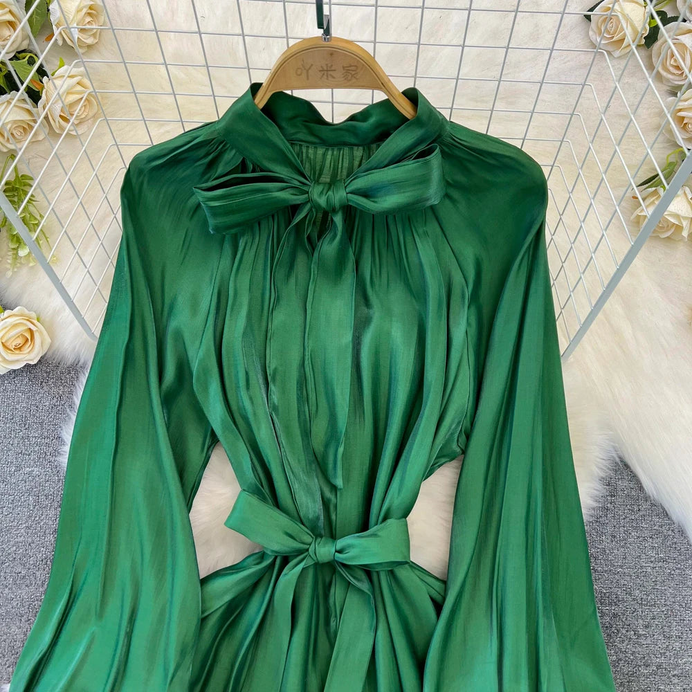 Autumn Elegant Women Fashion Party Long Dress Bow Lace Up Long Sleeve Evening Dresses A-Line Casual Vestidos One Piece Prom Robe