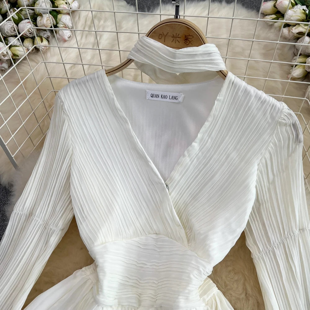 Autumn Solid Pleated Long Dresses for Women Halter V-Neck Flare Sleeve Wedding Party Dress Korean Fashion One Piece Vestidos New
