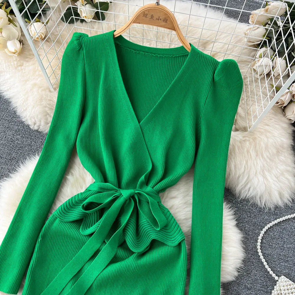 Women Long Sleeve V Neck Sexy Knit Bodycon Dress Chic Vintage Lace Up French Fashion Vestidos Party Elegant Fashion Dresses Y2k