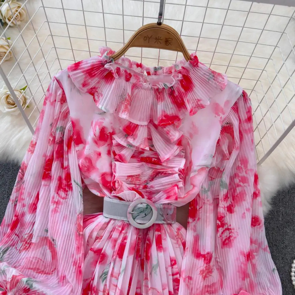 Summer Vintage Casual A-Line Floral Print Women Dress Elegant Chic Pleated Party Prom Vestidos with Belted Female Long Robe
