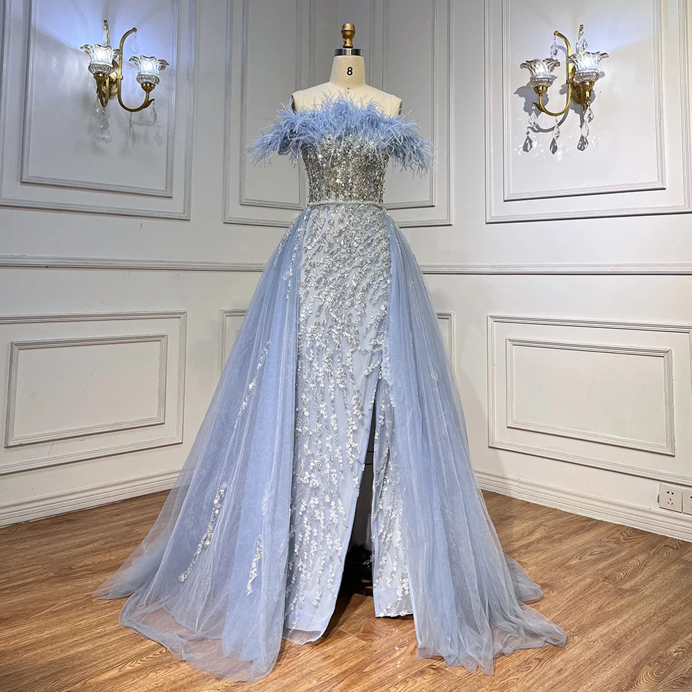 SERENE HILL 2024 Blue Feather Mermaid Luxury Beaded Evening Dresses Overskirt Formal Pink Gowns For Women Wedding Party GLA72061