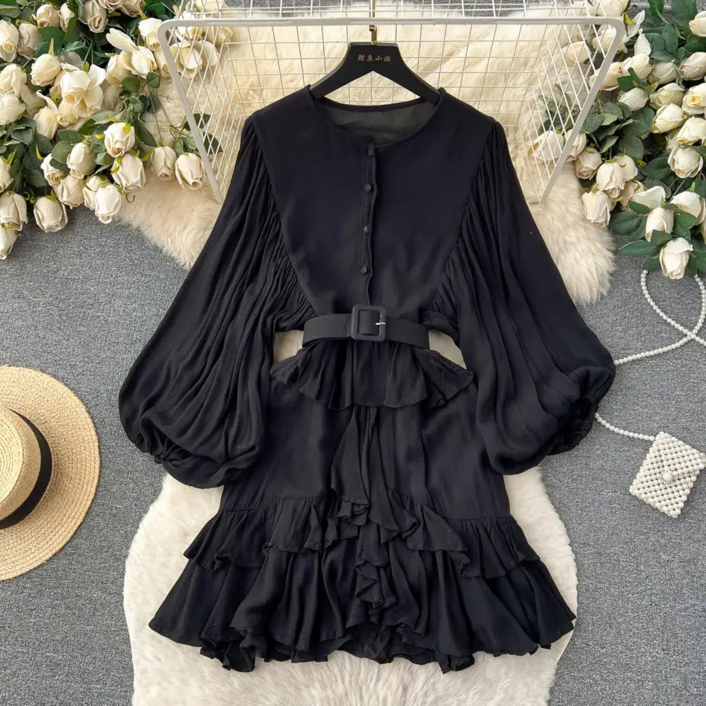 Vintage Puff Sleeve Ruffle Dress Women O-Neck A-Line Elegant Casual Party Prom Dresses Korean Autumn Fashion Female Vestidos New