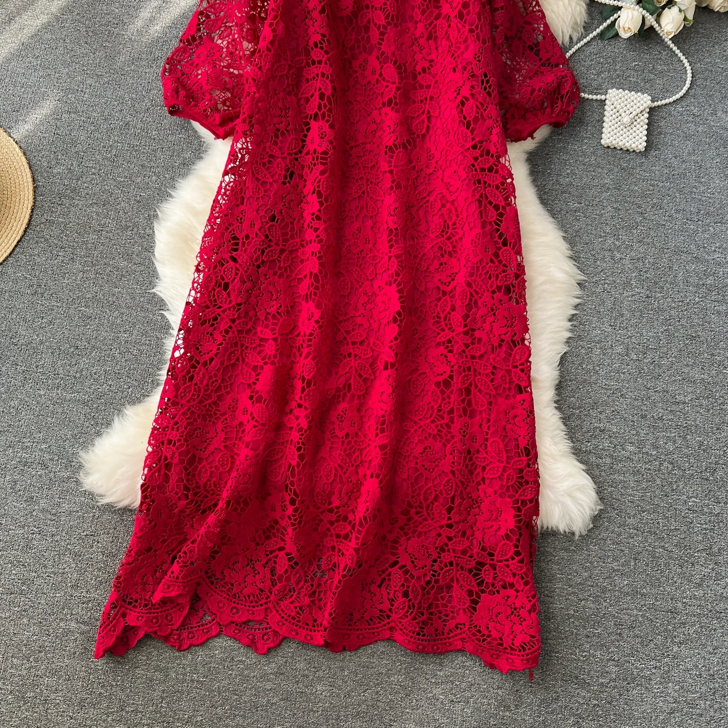 Chic Long Sleeve O Neck Lace Hook Flower Hollow Loose Dress Chiffon A-line Casual Dresses Fashion Women Elegant Vestidos