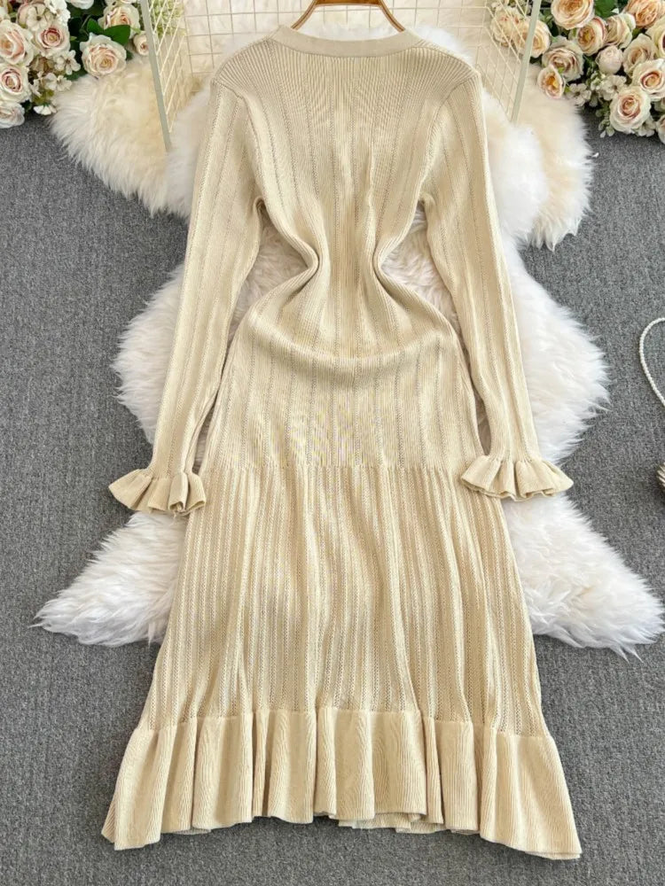 Women Vintage Mermaid Knitted Dress Elegant Casual Single Breasted Bodycon Slim Evening Dresses Female One Piece Clothes Mujers