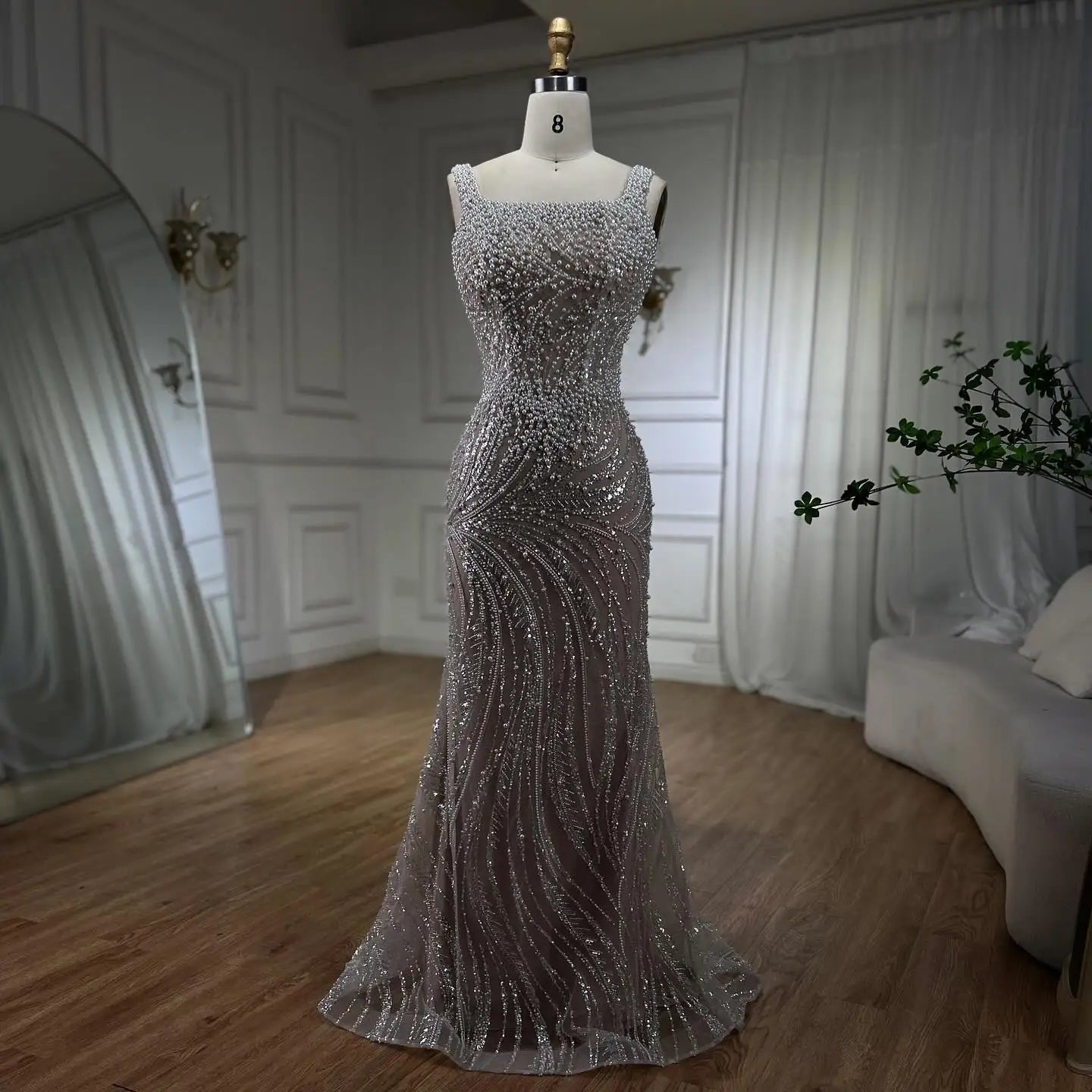 SERENE HILL 2024 White Nude Spaghetti Strap Mermaid Beaded Evening Dresses Luxury Pearls Gowns For Women Wedding Party GLA72266