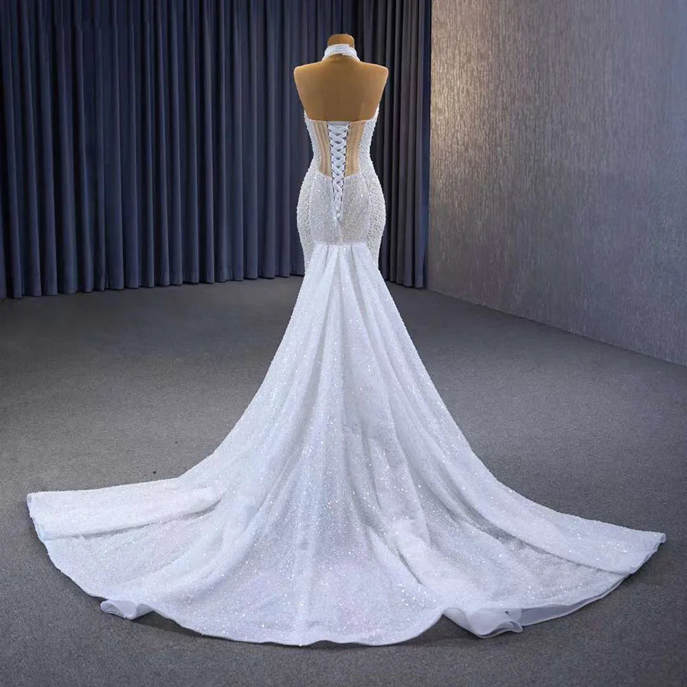 Serene Hill White champagne Mermaid Lace Up Luxury Pearls Beaded Bride Gowns Wedding Dress 2024 High End Custom Made HM231033