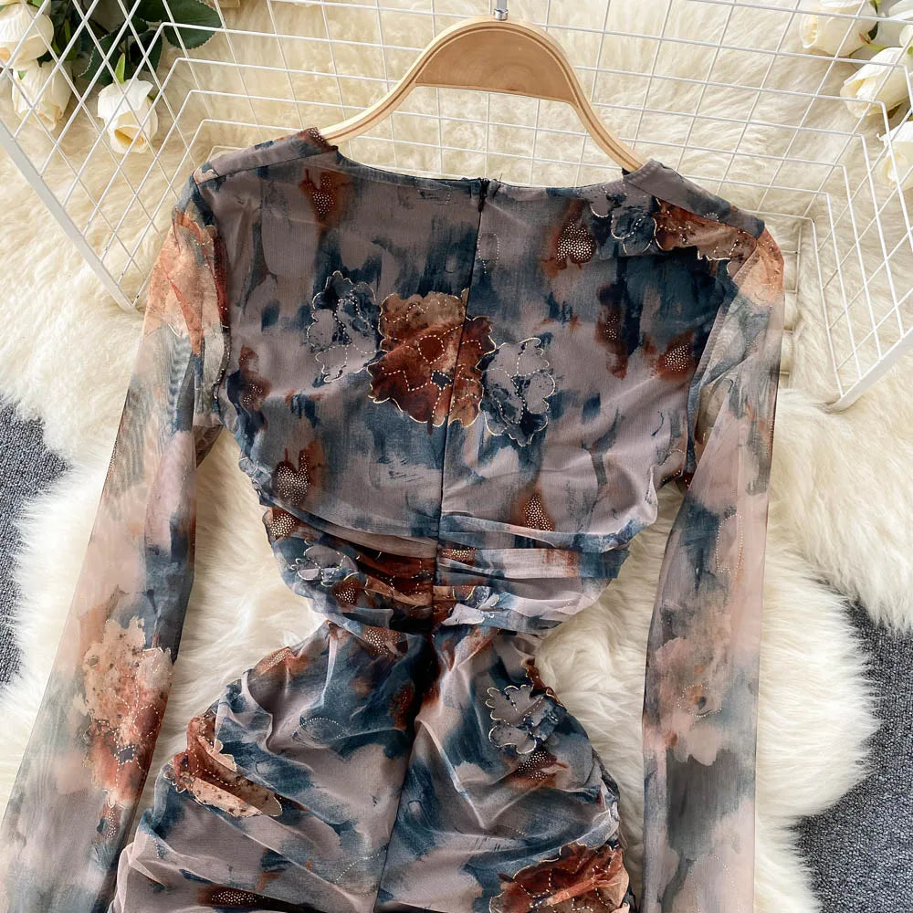 Elegant High Waist Fashion Print Pleated Split Dress Long Sleeve Square Neck Vestidos Autumn Winter Pencil Dress