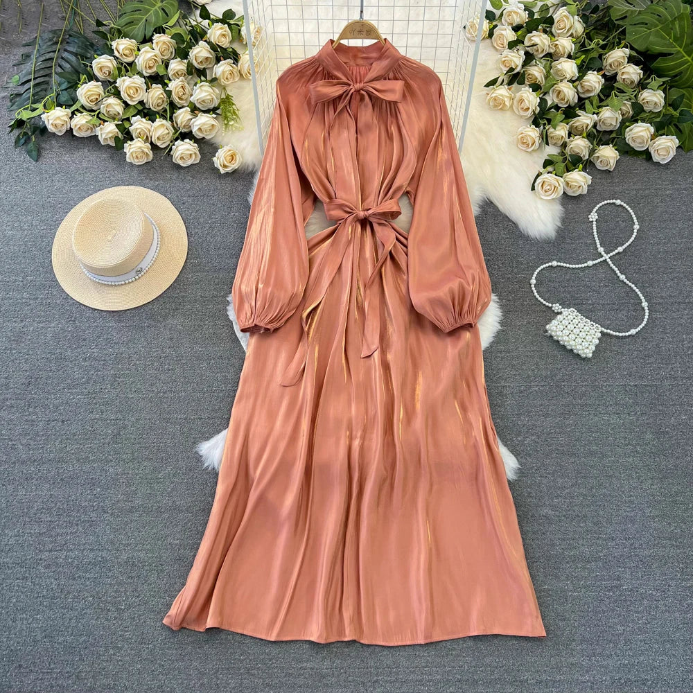 Autumn Elegant Women Fashion Party Long Dress Bow Lace Up Long Sleeve Evening Dresses A-Line Casual Vestidos One Piece Prom Robe