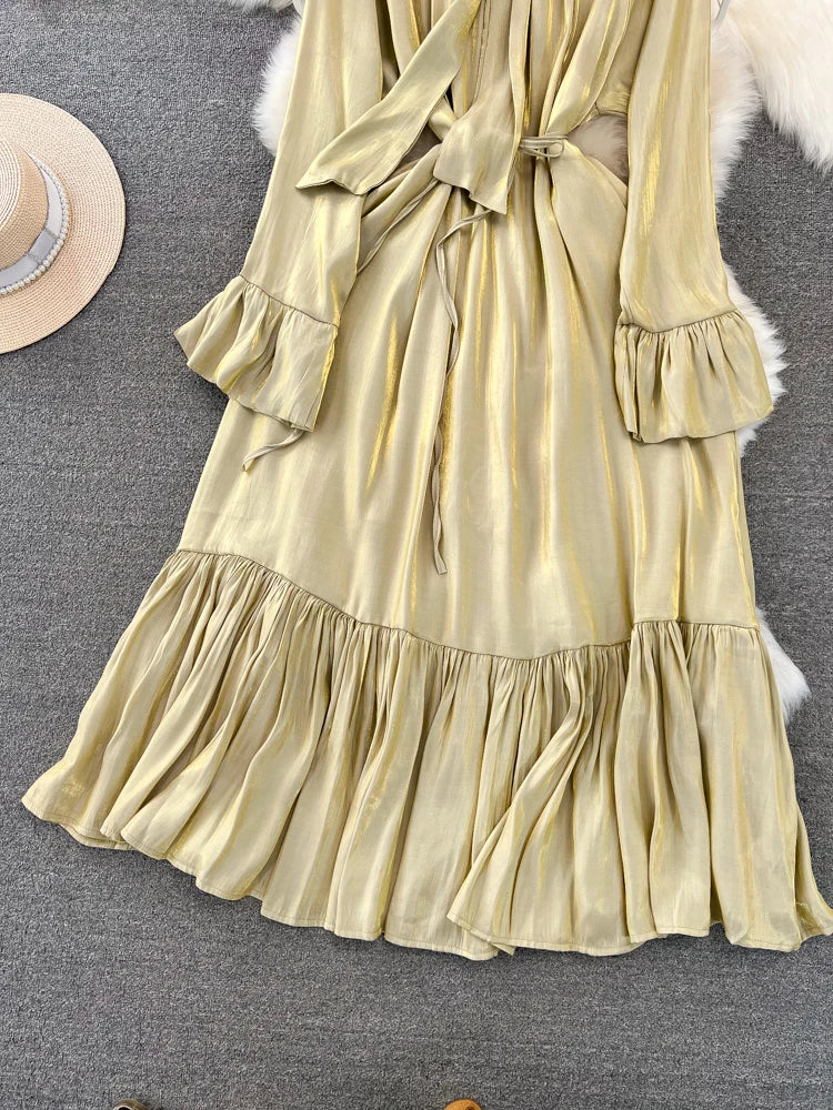 Elegant and Chic Solid Evening Dresses for Women Fashion New Bow Lace Up Flare Long Sleeve A-Line Vestidos Autumn Female Clothes