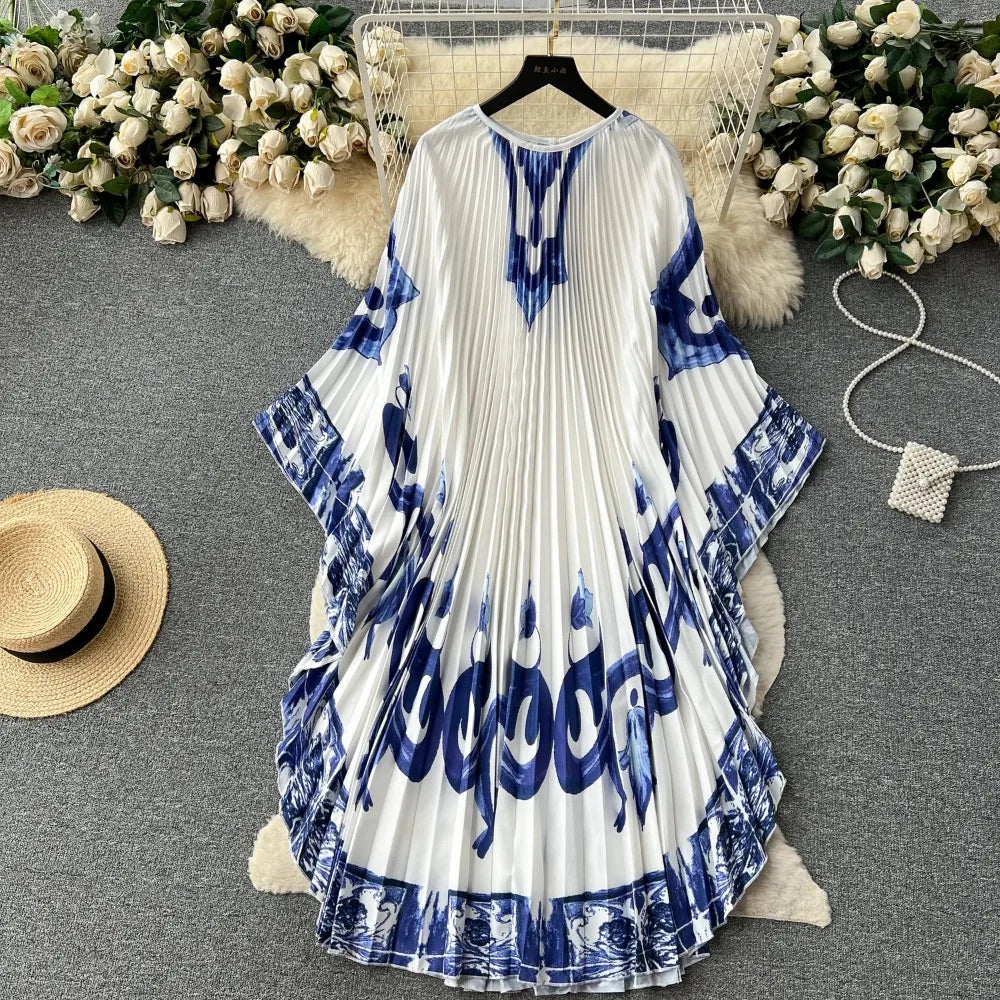 Vintage Print Elegant O-neck Batwing Sleeve Dress A-line Casual Belt Fashion Dress Women Fashion Summer Spring Vestidos