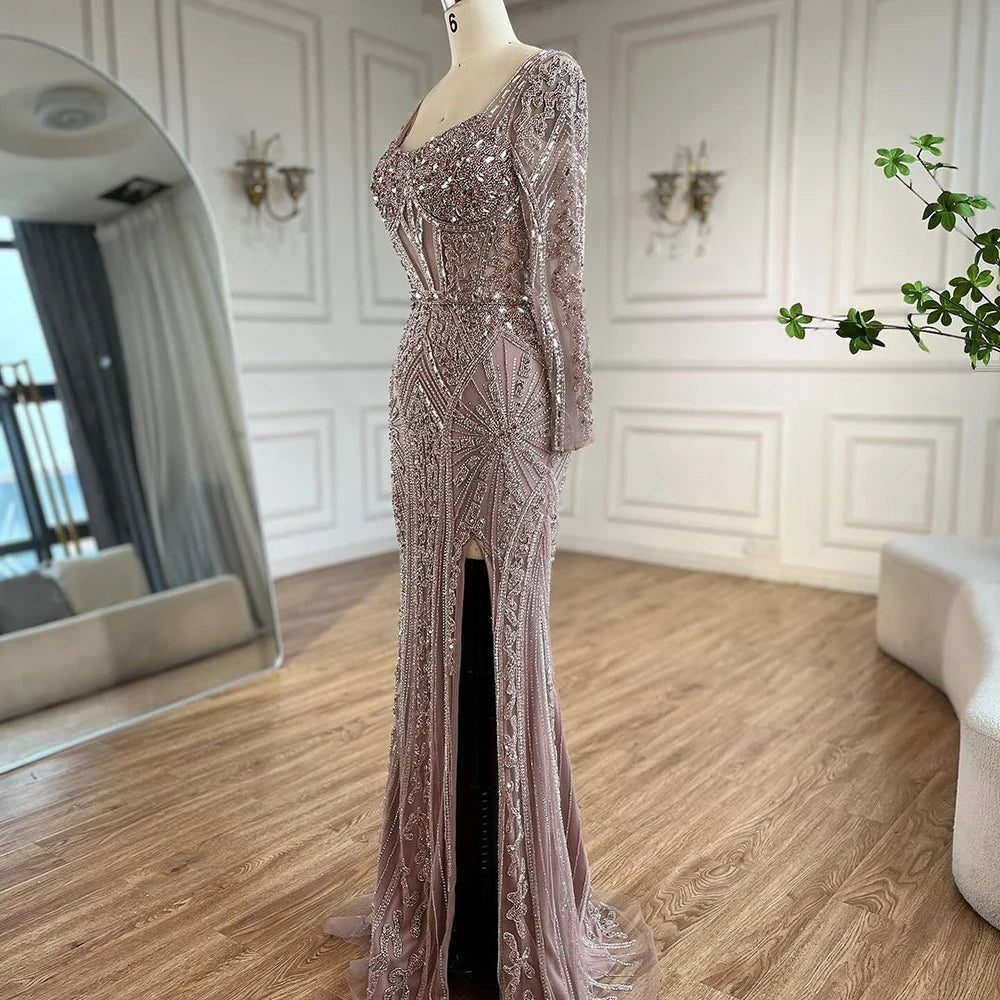Serene Hill 2024 Women Wedding Parties Dubai Arabia Luxury Beaded Evening Dresses Gowns Green Elegant Split Mermaid LA72518