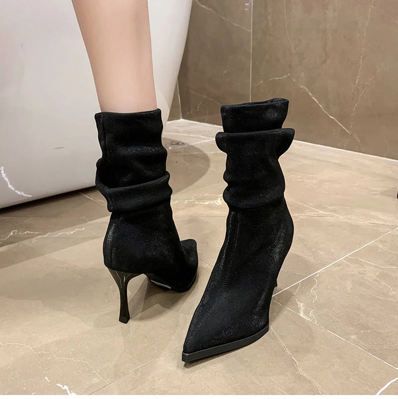 High Heel Women Pleated Ankle Boots Fashion Pointed Toe Slip On Shoes Dancing Party Dress Short Botas De Mujer