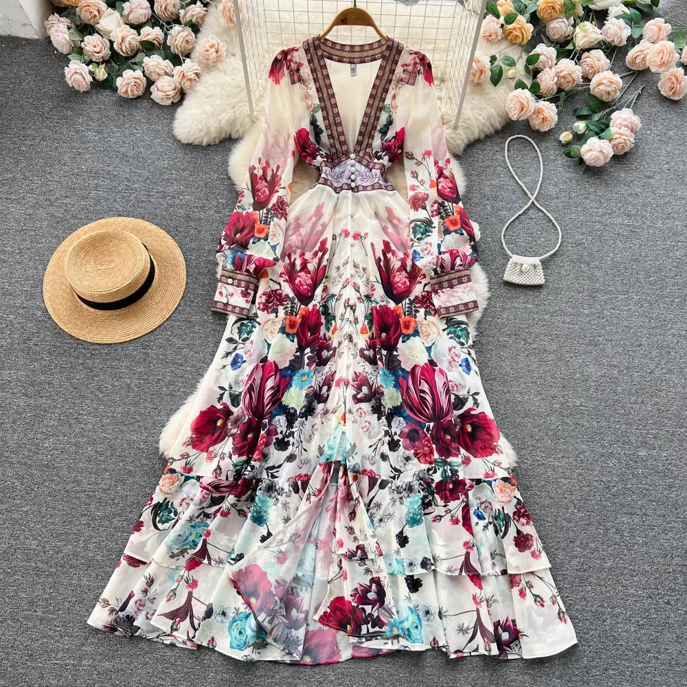 Retro Floral Print Pleated Elegant Chiffon Maxi Dress A-line Mesh V Neck Beach Vacation Party Dress Women Summer Spring Vestidos