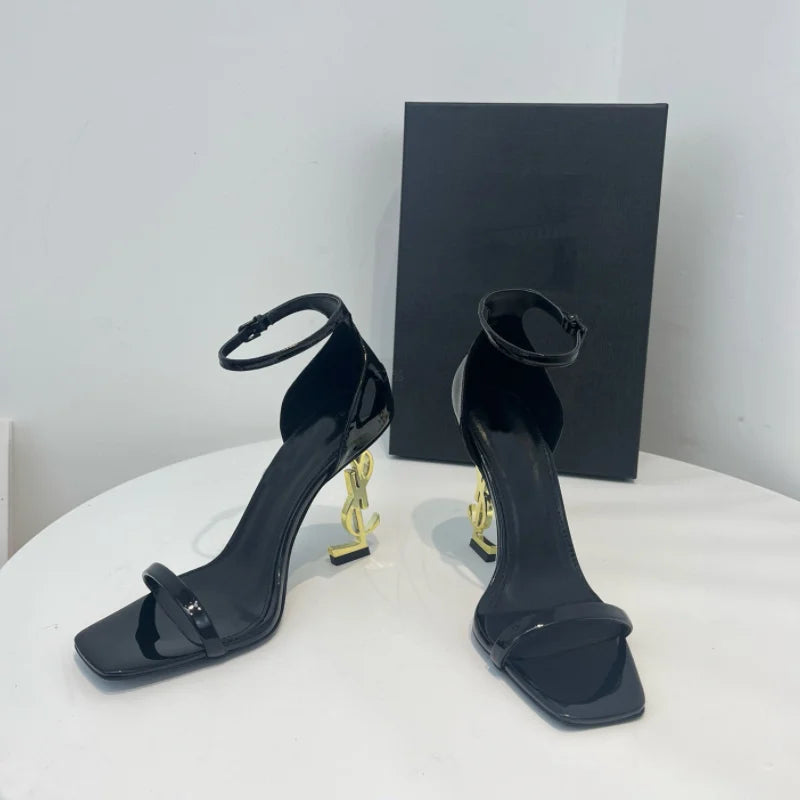 High quality one-line sandals women 2024 new European and American black patent leather sexy letter heels women