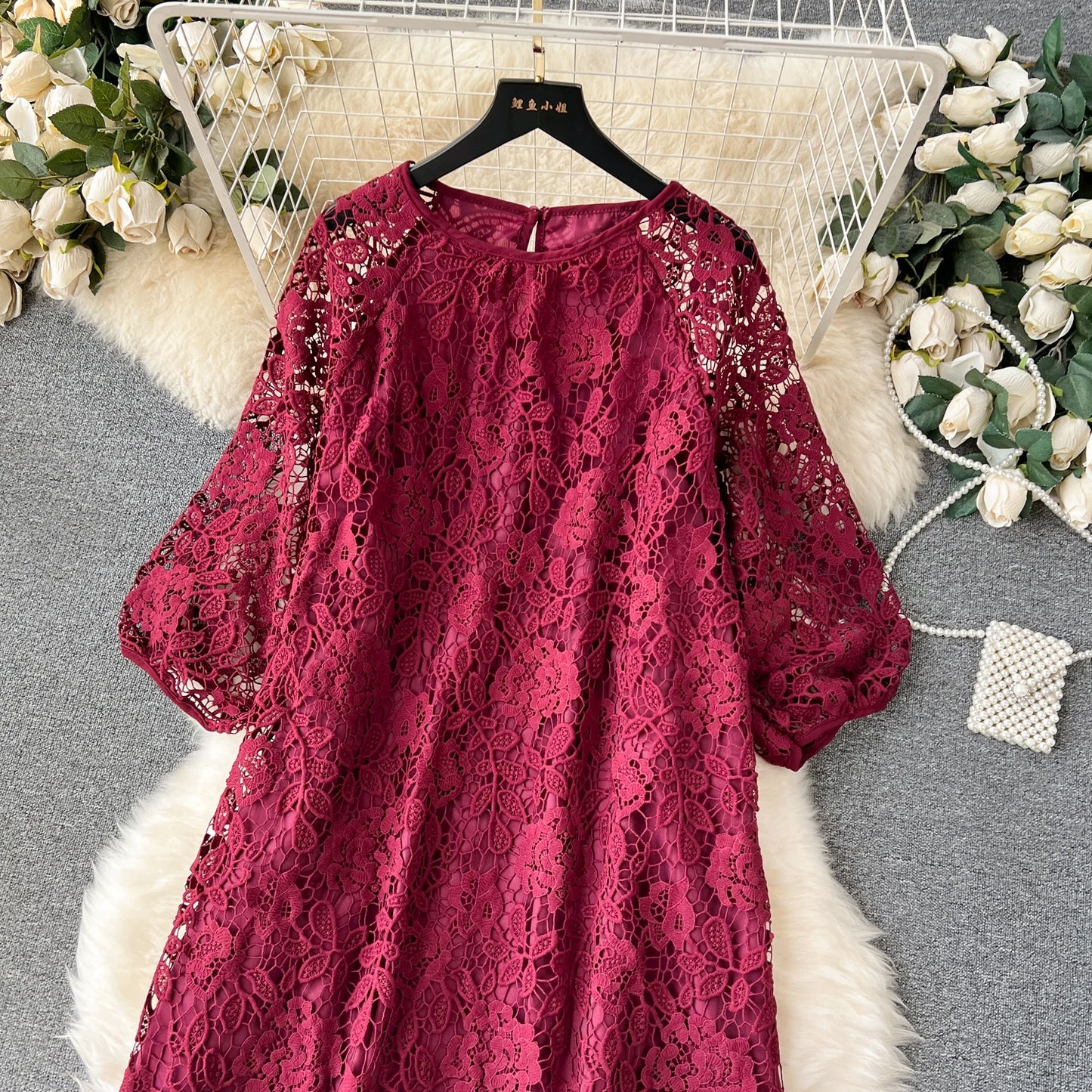 Chic Long Sleeve O Neck Lace Hook Flower Hollow Loose Dress Chiffon A-line Casual Dresses Fashion Women Elegant Vestidos