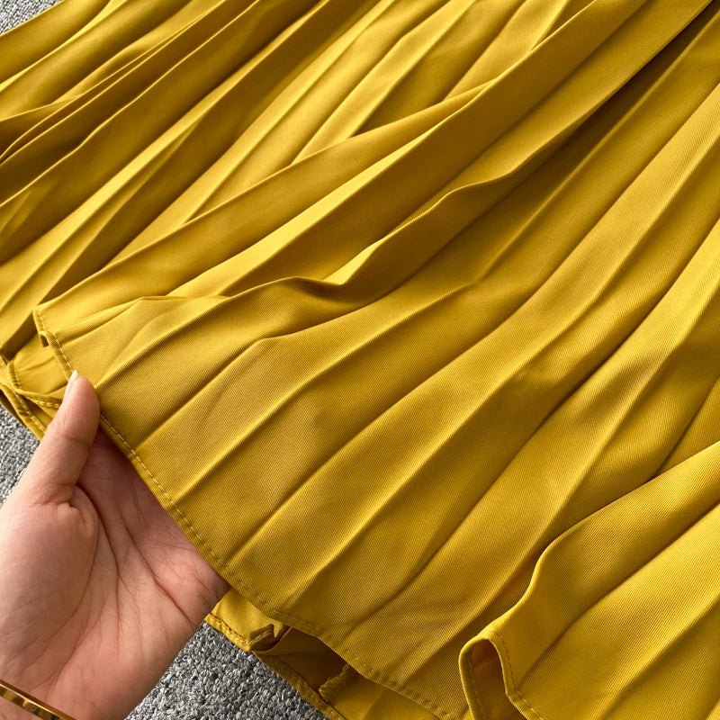 Chic Pleated Elegant Puff Sleeve Dress A-line Chiffon High Waist Belt Beach Vacation Party Dress Women Summer Spring Vestidos