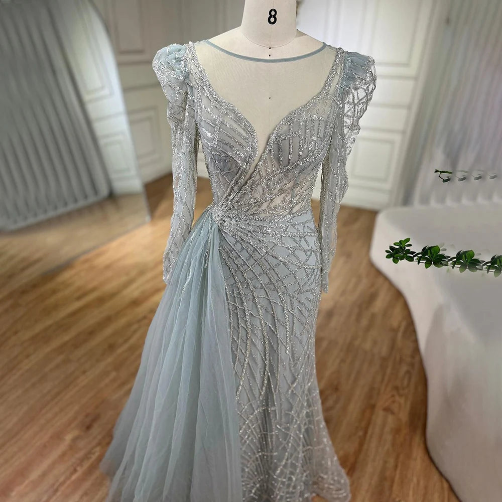 Serene Hill Muslim Gold Mermaid Beaded Luxury Dubai Evening Dresses Gowns With Overskirt 2024 For Women Party LA72206